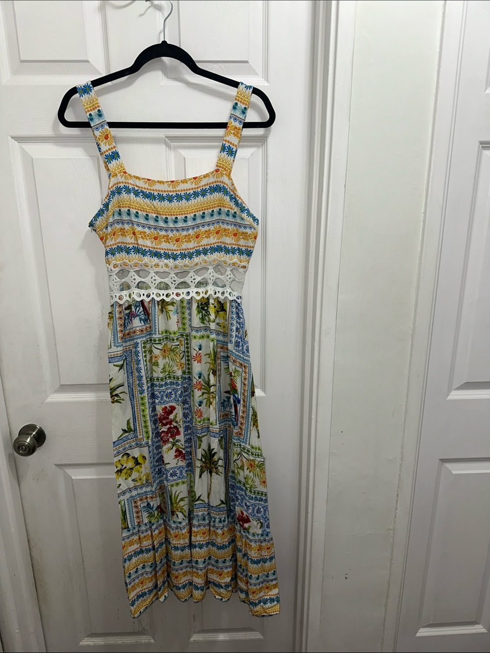 Cupshe White Floral Boho Midi Dress with Yellow & Blue Accents & crochet